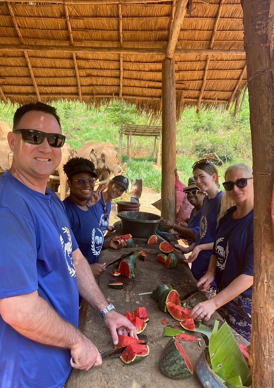 Preparing watermelon for the elephants